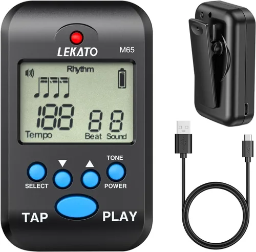 LEKATO Metrónomo digital, mini metrónomo electrónico LCD recargable, voz humana, clip, 10 sonidos de ritmo, volumen ajustable, metrónomo M65