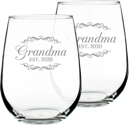 Vista 13 de Custom Grandma Est 20XX - New Grandmother Stemless Wine Glass Gift for First Time Grandparents - Personalized Decorative 17 Oz Large Glasses