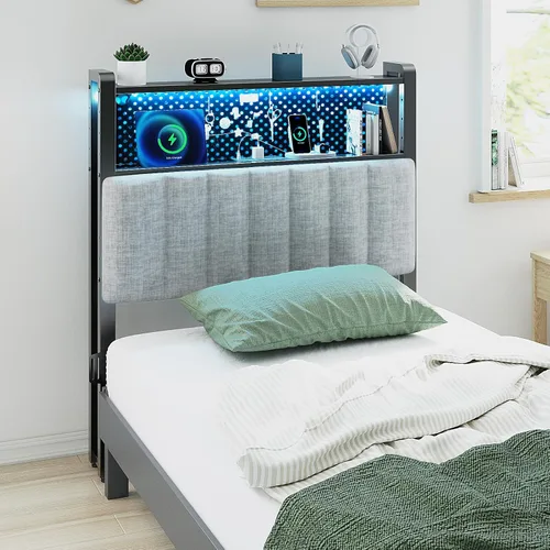 Vista 13 de VINGLI Cabecera de tamaño Queen con almacenamiento y LED, cabecera tapizada ajustable con estantes de 3 niveles y tablero de clavijas, cabecera