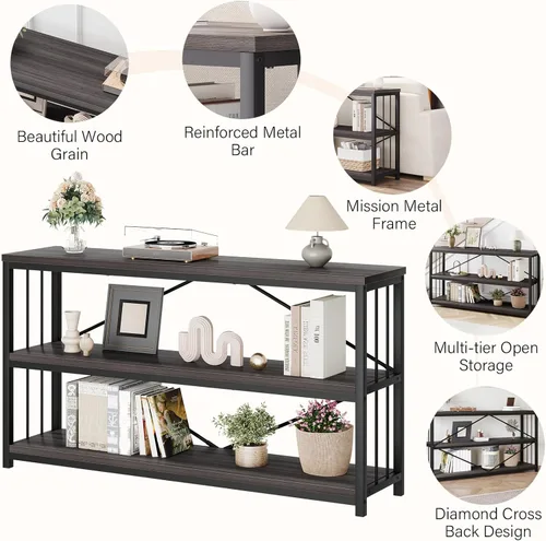 Vista 5 de LVB Mesa consola industrial, mesa de sofá de metal y madera, mesa de entrada rústica con almacenamiento, moderno estante de 3 niveles mesa larga