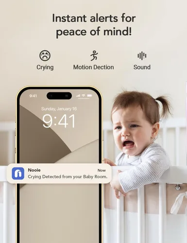 Vista 4 de nooie 2K Smart WiFi Baby Monitor with Camera and Audio, Smartphone App Control, Temperature Sensor, Motion & Cry Detection, IR Night Vision, 2-Way