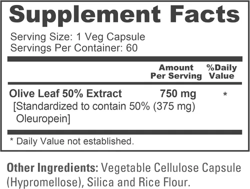 Vista 4 de Extracto de hoja de olivo 750 mg 50% oleuropeína (sin OMG y sin gluten), vegano, sin aceite, 60 cápsulas