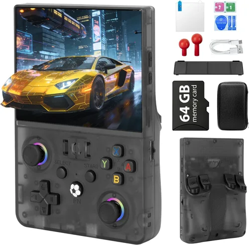 R36PRO MAX - Consola de videojuegos retro, compatible con más de 18000 juegos clásicos, tarjeta TF de 64 G, consola portátil con pantalla de 4.5