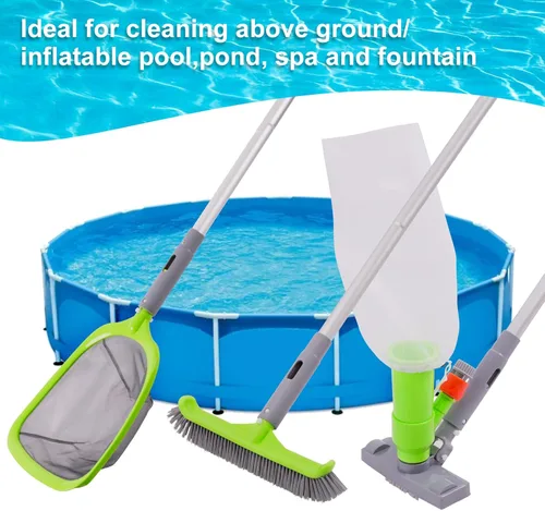Vista 7 de Sepetrel Kit de limpieza de piscina de lujo con aspiradora de chorro, cepillo, red de skimmer semi-profunda y poste ajustable de 57.5 pulgadas