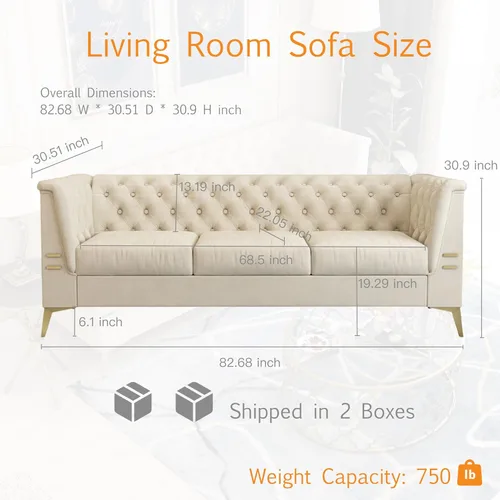 Vista 2 de Sofá de terciopelo moderno de mediados de siglo con patas de metal dorado, sofá Chesterfield de 3 plazas para sala de estar, dormitorio, Beige