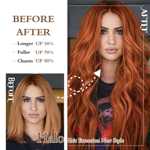 Vista 3 de Extensiones de cabello tipo aureola de 20 pulgadas, alambre invisible, ajustable, cabello largo ondulado, mejora sintética, 4 clips de seguridad