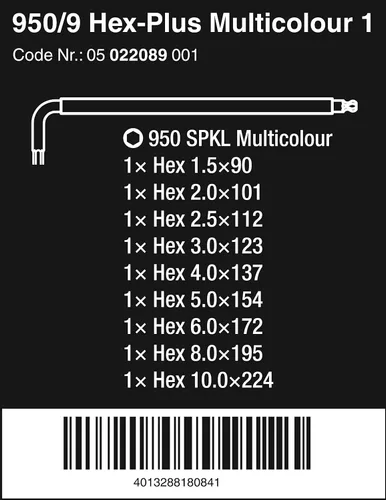 Vista 2 de Wera 05022089001 950/9 Hex-Plus Multicolor 1 juego de llaves en L, métrico, BlackLaser, 9 piezas