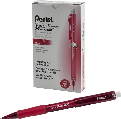 Pentel Twist-Erase EXPRESS - Portaminas de 0.035 in, barril rojo, caja de 12 (QE419B)