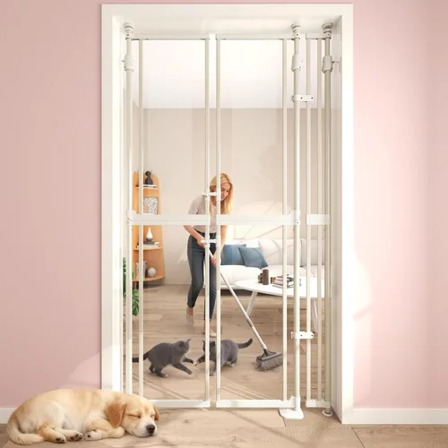 Puerta para gatos extra alta de 74-98 pulgadas, se adapta a apertura de 33.85-42 pulgadas, diseño de montaje a presión sin perforación, puerta