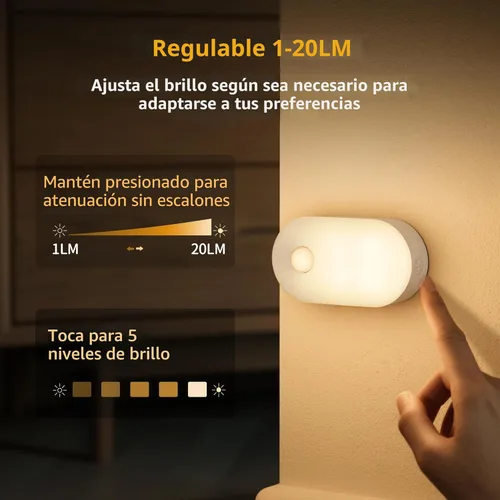 Vista 5 de Lyridz Luz nocturna de batería recargable con sensor de movimiento, mini luz LED blanca cálida portátil, brillo ajustable para baño, dormitorio