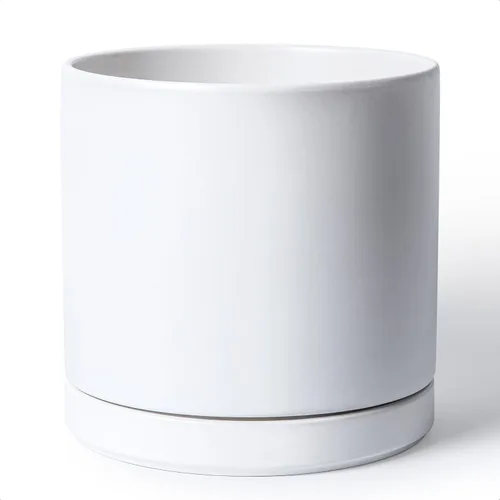 Vista 79 de D'vine Dev Maceta de cerámica de 10 pulgadas con orificio de drenaje y platillo, maceta redonda cilíndrica para interiores, color negro, 94-O-E-2