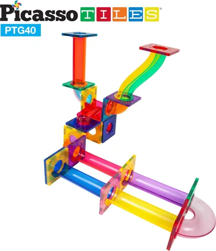 Vista 4 de PicassoTiles Marble Run Magnetic Tile Race Track Toy Set STEM Building & Learning Early Educational Child Magnet Construction Block Kit creativo
