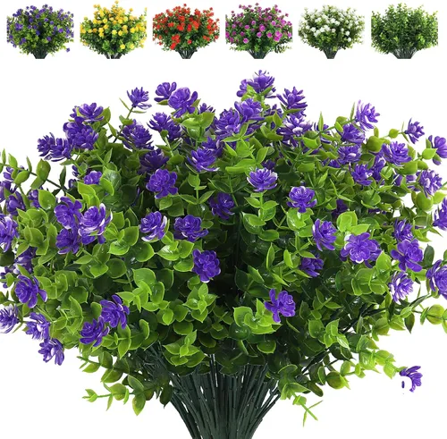Vista 42 de RECUTMS - 8 ramas de flores artificiales, eucalipto artificial realistas, resiste rayos ultravioleta, para jardín, patio, boda, oficina y casa