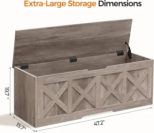 Vista 2 de Cofre de almacenamiento de madera extragrande de 47.2 pulgadas Gris beige