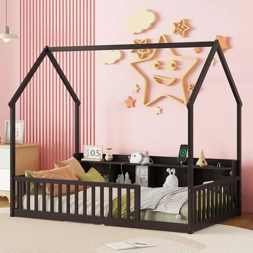 Bellemave Twin House Floor Bed Frame,Espresso | Solid wood montessori bed with storage shelves, built-in LED lights, charging station, no box spring