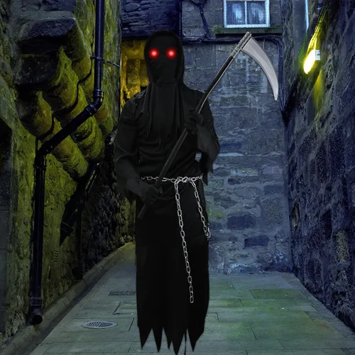 Vista 6 de GOLDGE Grim Reaper Halloween Costume with Glowing Red Eyes for Kids, Scythe Included