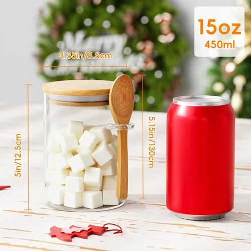Vista 2 de Recipiente de vidrio para azúcar con cuchara, 1 paquete de tarros de vidrio de 15 onzas con tapa y cuchara de bambú, recipientes de almacenamiento