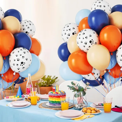 Vista 4 de Globos azules y naranjas, 60 piezas para decoración de cumpleaños con temática de patas de perro para niños Pata azul y naranja
