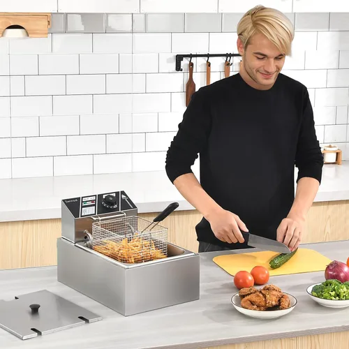 Vista 2 de Freidora eléctrica con cesta para uso doméstico, freidora comercial de encimera, 1700 W, potente rendimiento, 9.7 cuartos de galón, freidora