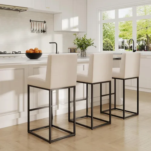 Vista 9 de BESTANO Taburete de bar de lino crema, taburetes modernos de altura de mostrador de 27 pulgadas con respaldo, marcos de metal negro, taburetes