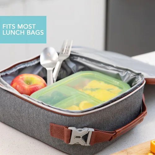 Vista 5 de Bumkins - Caja Bento de silicona - 3 secciones y tapa a prueba de fugas - Apto para alimentos - Juego de 2 - Lavable, apto para microondas, Azul
