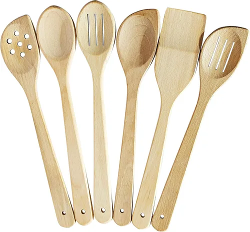 ECOSALL Juego de 6 cucharas de madera saludables para cocinar. Utensilios de cocina seguros y confiables para cocina, cuchara de espátula de madera