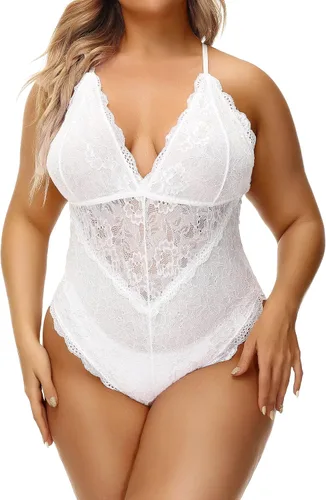 Aranmei Lencería de talla grande para mujer, body de encaje de entrepierna a presión, cuello en V, camiseta corta sexy de una pieza