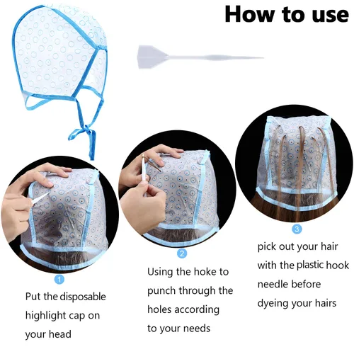 Vista 3 de 6 piezas de tapa de resaltado para el cabello Frosting Cap Highlight para color de tinte con ganchos de plástico para colorear el cabello, kit