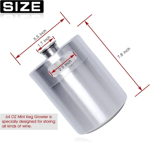 Vista 2 de Mini barril Growler, 64 oz de acero inoxidable 304 de 64 onzas, con tapa de perilla de sello, para el hogar, cocina, cerveza, cerveza (2L)