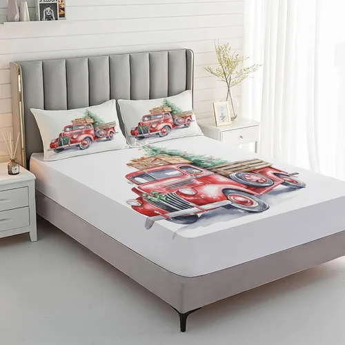 Vista 2 de MPNVYU Christmas Sheets Queen Size, Truck Bed Sheets & Pillowcases 4 Piece Set, Deep Pocket Fitted Sheet & Flat Sheet & Pillowcase, Soft Wrinkle