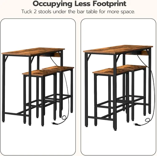 Vista 8 de HOOBRO Juego de mesa de bar y sillas, juego de mesa de comedor de 39.4" con toma de corriente, juego de mesa de pub de 3 piezas, mesa de bar