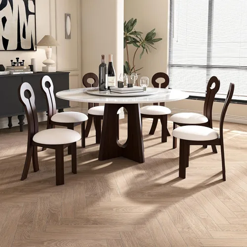 Vista 8 de Dining Chairs Set of 2, Table & Chair Sets - Solid Wooden Dining Room Chairs with Linen Upholstery and White Round Cushion for Kitchen Dining Room