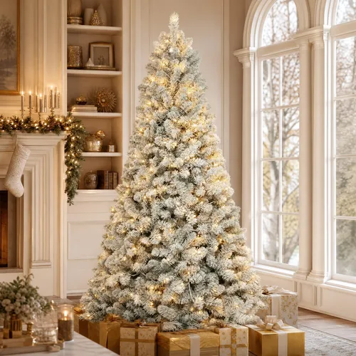 Hykolity Árbol de Navidad flocado de nieve preiluminado de 6 pies con 200 636 puntas de ramas, diseño con bisagras y soporte de metal resistente