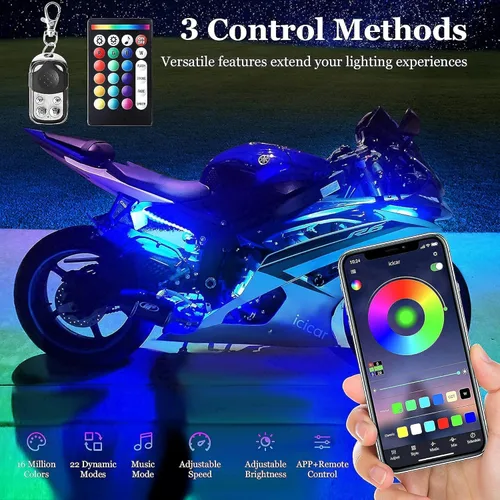 Vista 2 de 8 luces LED para motocicleta, control de aplicación, modo de música, RGB de 16 millones de colores, función de luz de freno IP68, impermeable