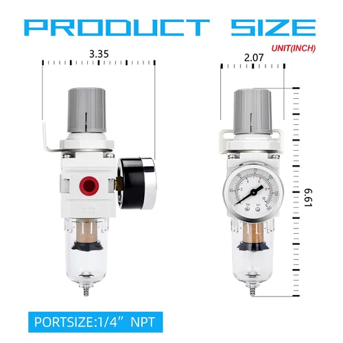 Vista 3 de NANPU 1/4" NPT, Filtro de aire comprimido regulador combinado tipo piggyback, elemento de latón de 5 micrones, cuenco de polietileno, desagüe