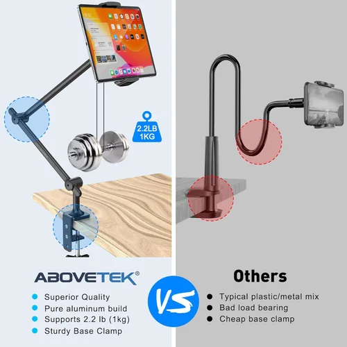 Vista 7 de AboveTEK Soporte para Tablet para Escritorio y Cama, Brazo de Aluminio para iPad con Abrazadera Giratoria de 360°, Soporte para Teléfono Ajustable