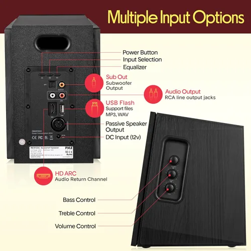 Vista 4 de Pyle Sistema de altavoces de estantería con Bluetooth, altavoces estéreo activos de 80 W, gabinete de madera natural Bass Reflex, arco de alta