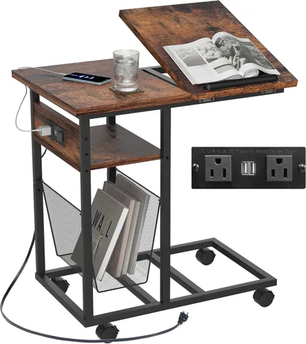 Vista 11 de FLYJOE Mesa auxiliar estrecha con revistero de piel sintética, estilo rústico, delgado, para sala de estar, dormitorio, sofá, color negro