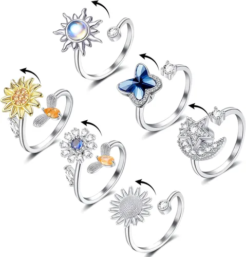 Honsny Fidget Rings for Women, Spinner Fidget Ring Set, Sunflower Butterfly Bee Star Moon Relief Spinning Rings for Adults
