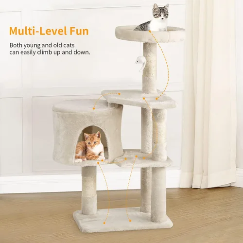 Vista 5 de BestPet Torre para Gatos de 36" Beige Torre Resistente para Gatos de Múltiples Niveles con Casita de Felpa, Percha Acogedora, Postes