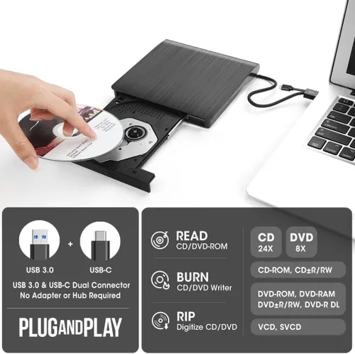 Vista 2 de Grabadora externa de CD/DVD ROOFULL +/-RW para portátil Mac, USB 3.0 y USB-C, lector/grabador de discos CD/DVD, CD-ROM portátil, reproductor de DVD