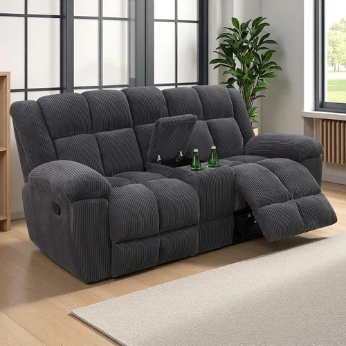 Vista 19 de Juego de sofá reclinable de pana, sofá reclinable manual con portavasos/mesa auxiliar, cómodos sofás reclinables de tela, juegos de muebles de sala