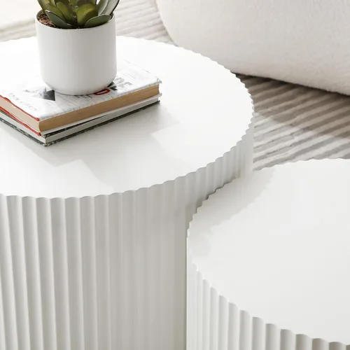 Vista 7 de Juego de 2 mesas auxiliares redondas anidables para sala de estar, mesa auxiliar moderna con acabado de MDF, mesa auxiliar circular de 2 piezas