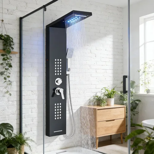 Sistema de torre de panel de ducha LED con cabezal de ducha de cascada, torre de ducha 5 en 1 con cabezal de ducha LED de cascada, potentes chorros