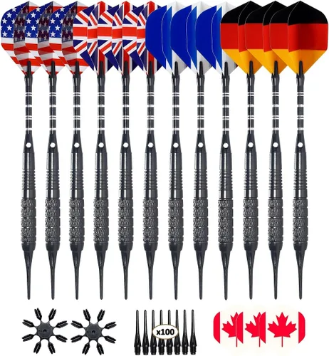 12 Pack Soft Tip Darts - Plastic Tip Darts 18 Grams with 100 Extra Dart Tips, Dart Flight Protector, Aluminum Shafts and Rubber O-Rings