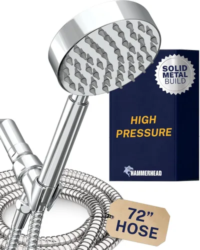 HammerHead Showers® Cabezal de ducha de mano de metal sólido con manguera y soporte de latón, cromado, cabezales de ducha de alta presión de 2.5 GPM