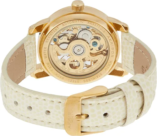 Vista 3 de Akribos XXIV Reloj automático de esqueleto para mujer - Reloj de pulsera de acero inoxidable y correa de cuero - AK431