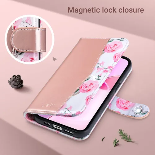 Vista 7 de ULAK Funda tipo cartera compatible con iPhone 14 para mujer, de piel sintética, diseño floral, con tarjetero y función atril, funda protectora tipo