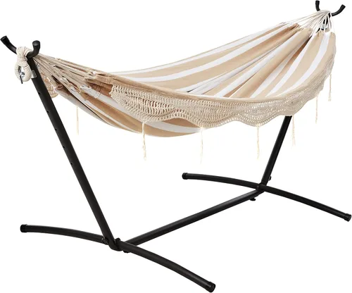 Vista 8 de Amazon Basics Hamaca doble con soporte de acero de 9 pies que ahorra espacio y funda de transporte, capacidad de 450 libras, onda crema, 110 x 47 x