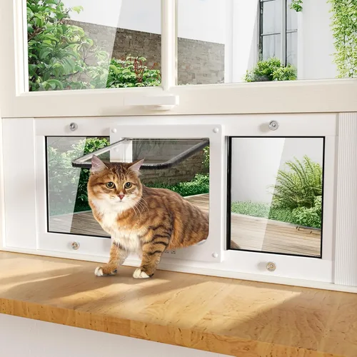 Puerta de ventana de aluminio para mascotas para gatos - Inserto horizontal para puerta de ventana para gatos, ajustable para adaptarse a anchos de